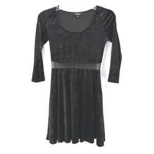 Lulus Dress Womens M Black Crushed Velvet Mesh Waist 3/4 Sleeve Mini Fit & Flare